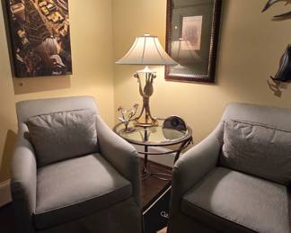 Pair of chairs; Blakc & floral needlepoint rug