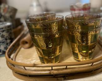 Culver Glass Prado Low Ball whiskey Tumblers 22K Gold w/ Green square accents culver glassware