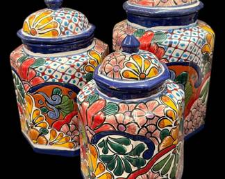 Signed Talavera Canister Set Mexico Pottery