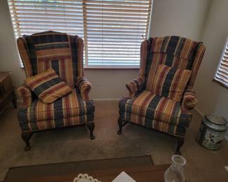 Pair Pin Stripped Upholstered Wingback Chairs