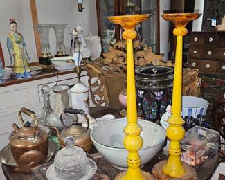 assorted lamps, candlesticks, collectibles