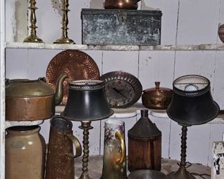Brass and copper pots, pitchers and tea kettles