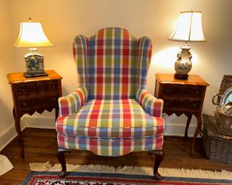 Wing Back chair, 2 sweet antique night stands