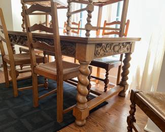 Antique Oak French Refractory Dining Table with Barley Twist Legs, Carved Wood Design on sides, Parquetry Top
