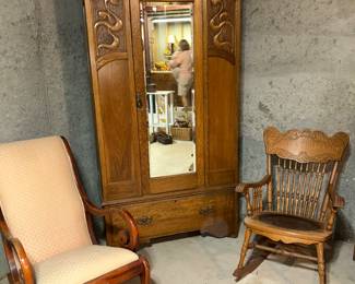 Antique Mirrored Armoire/Antique rocking chairs