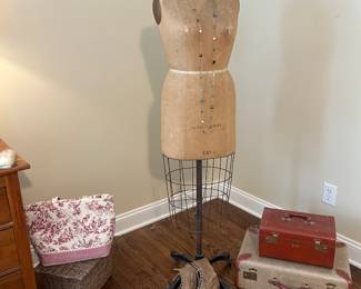 Dress form, vintage shoes, suitcases