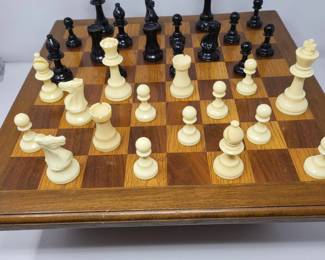 Hand Carved Wood Chess Board with Celluloid Pawns