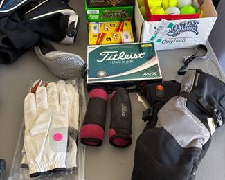 Golf balls, gloves, Club covers