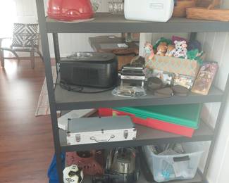 variety of kitchen items, Beanie babies, shelving unit