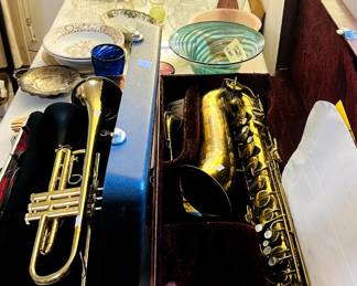 Local art glass, trumpet, tenor saxophone
