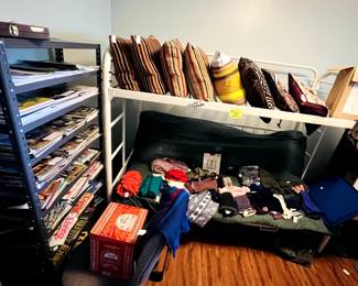 Pillows, scarves, gloves, magazines, bunk bed, office chair