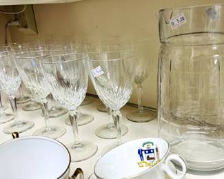 Stemware, teacups, and glass pitcher
