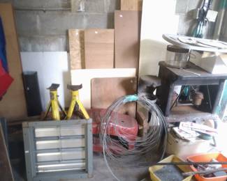 Car ramps, jack stands, kerosene stove with mica windows