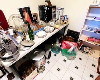 Canning supplies, serving dishes, carafes, baking sheets and cooling racks, dish sets