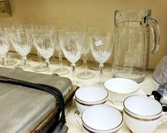 Crystal glasses, teacups, pitcher, waffle maker
