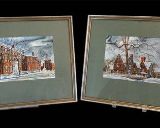 Framed Set Of 2 Prints Of Watercolors Of Historic Homes In Salem