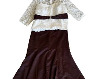 Alfred Angelo White Lace Blouse With Expresso Sash & Matching Expresso Skirt