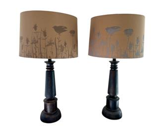 Pair of wooden lamps with bird motif lampshades