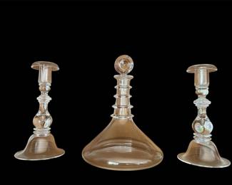 Decanter & pair of glass candlesticks