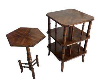 English Chinoiserie Faux Bamboo Side Table Set Smaller Side Table: 14.5”x17”x24”
Large Side Table: 18.5”x18.5”x28”
Notes: Very Good - see sticky stain on larger side table top