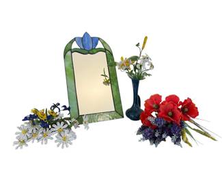 Blue And Green Stain Glass Mirror, Faux Florals & Navy Blue Ceramic Vase