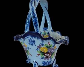 Vestal Alcobaca Portugal Ceramic Blue Basket With Floral Design