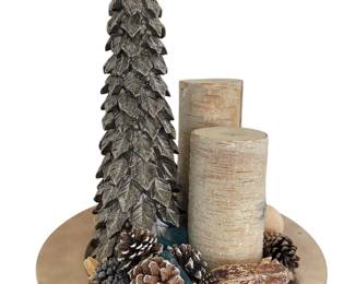 Three Xmas candles on silver/gold tone plate