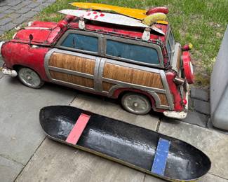 Vintage metal Ford Woody Wagon cooler made from recycled 44 gal. oil drums