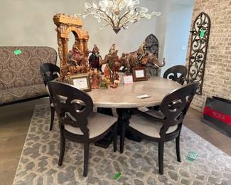 Arhaus table, chairs; area rug
