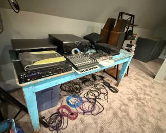 Mixing equipment; distressed wood teal table