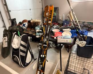 misc. garage items; skiis; dog crate