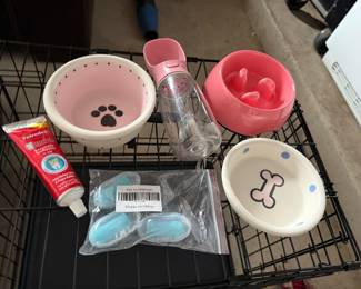 dog bowls; pet toothpaste & toothbrushes