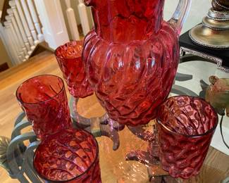 Antique cranberry pitcher and 4 glasses
