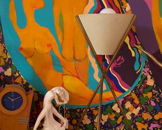 Original art, MCM lamp, Art Deco flower frog, and misc.