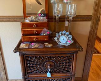 Fun Asian inspired chest with misc. glassware.