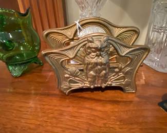 Antique letter or napkin holder with owl theme.