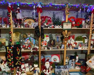 Shelves full of Christmas decorations.