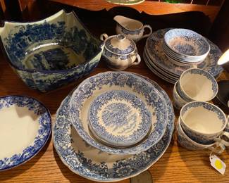 Various patterns of blue and white vintage china.