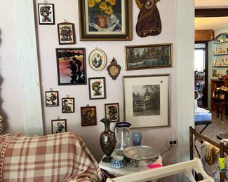 Pictures, quilt rack, silver-plated urn, two-tiered table, and pewter ware