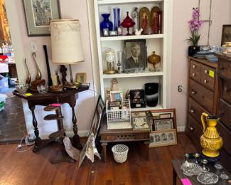 Side table, lamp, pictures, glassware, and more