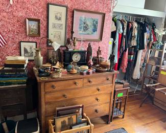 Dresser and pictures. Antique clock and lamp