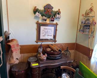 Antique sewing machine, top hat box, and more