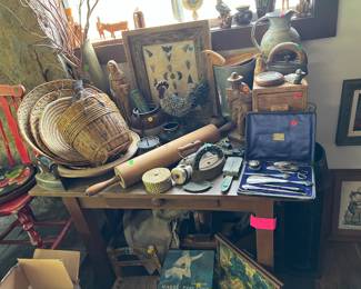 More primitives, baskets, arrowhead display, antique manicure set