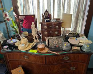 Antique miniature chest, Louis XV style, lamp, music boxes, antique mirror and a vanity set