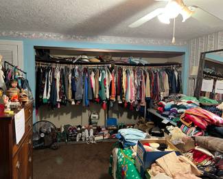 Vintage clothing and shoes, and a full size sleep number bed.