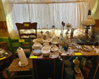 Lamp, china, chairs, tables, collectable spoons, and other silverware