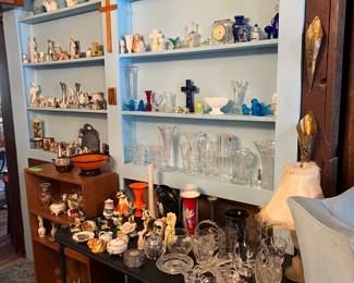 Small figurines, crystal vases and dishes, tiny table, and candle holders