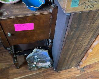 Antique sewing chest and a speaker