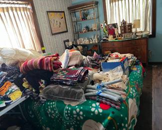 Blankets, Afghans, Bed (full size, sleep number), socks, ties, and fancy hangers
