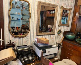 Mirrors, typewriter, HP Printer (works well), pine desk with attached shelves